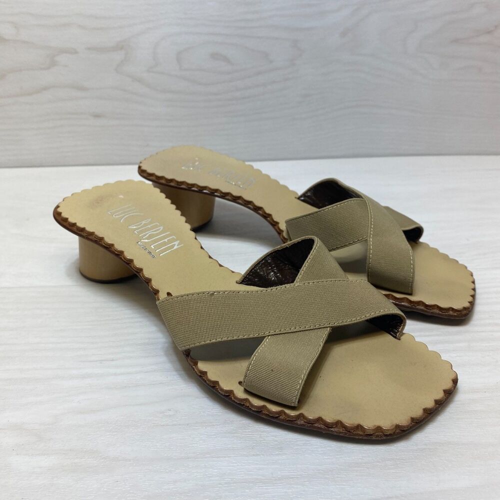 Luc‎ Berjen Slide Sandals Women's Size 7.5 Beige Criss Cross Block Heel Slip On